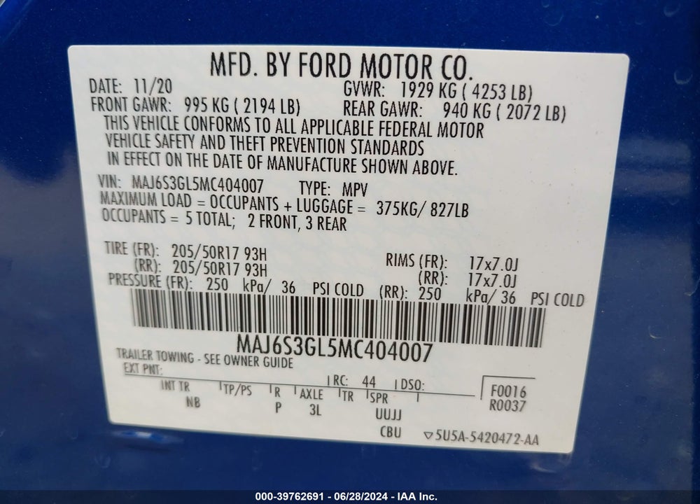 2021 FORD ECOSPORT SE VIN: MAJ6S3GL5MC404007