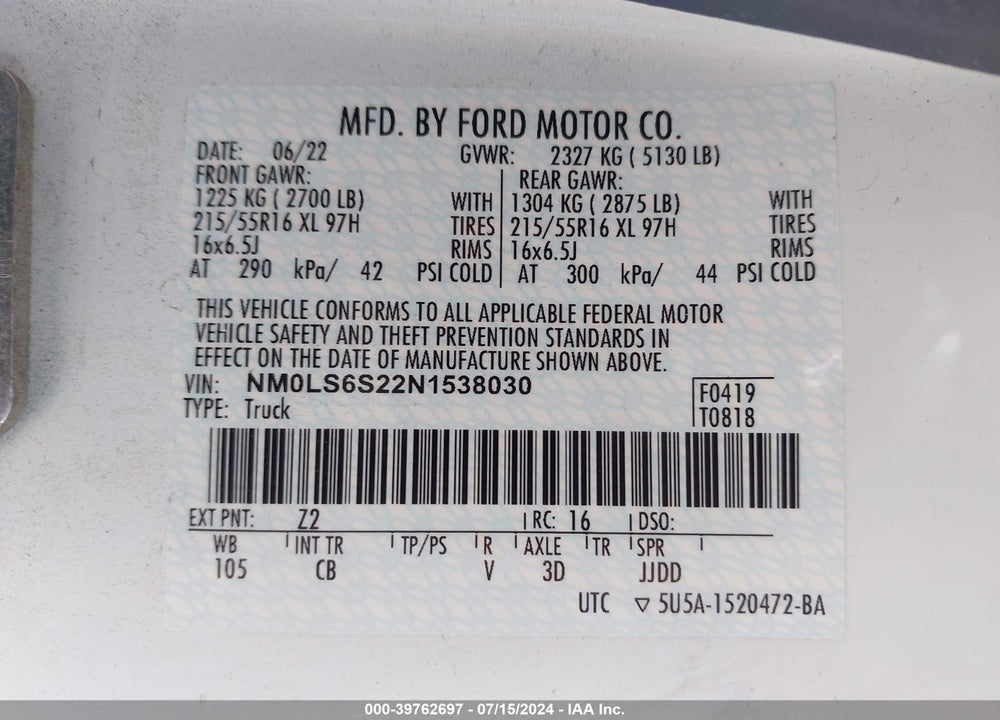 2022 FORD TRANSIT CONNECT XL VIN: NM0LS6S22N1538030