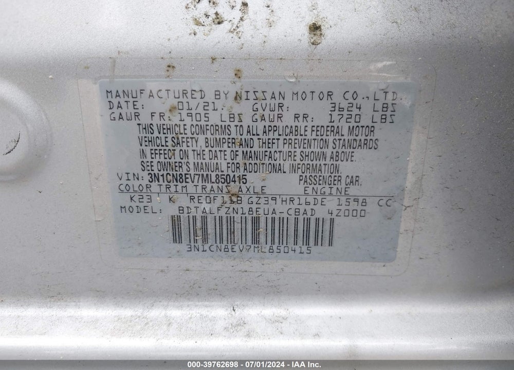 2021 NISSAN VERSA SV XTRONIC CVT VIN: 3N1CN8EV7ML850415