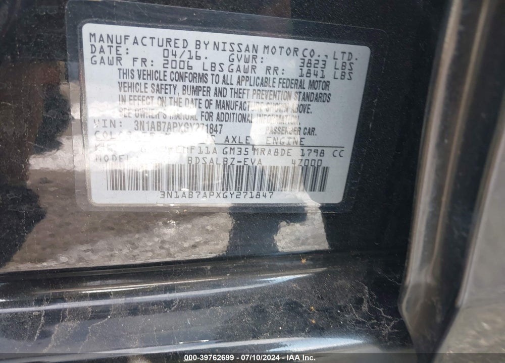 2016 NISSAN SENTRA S VIN: 3N1AB7APXGY271847