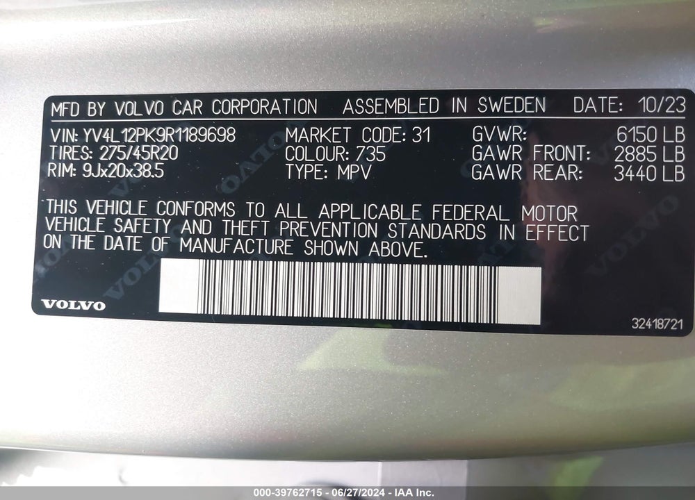 2024 VOLVO XC90 B5 CORE BRIGHT THEME VIN: YV4L12PK9R1189698