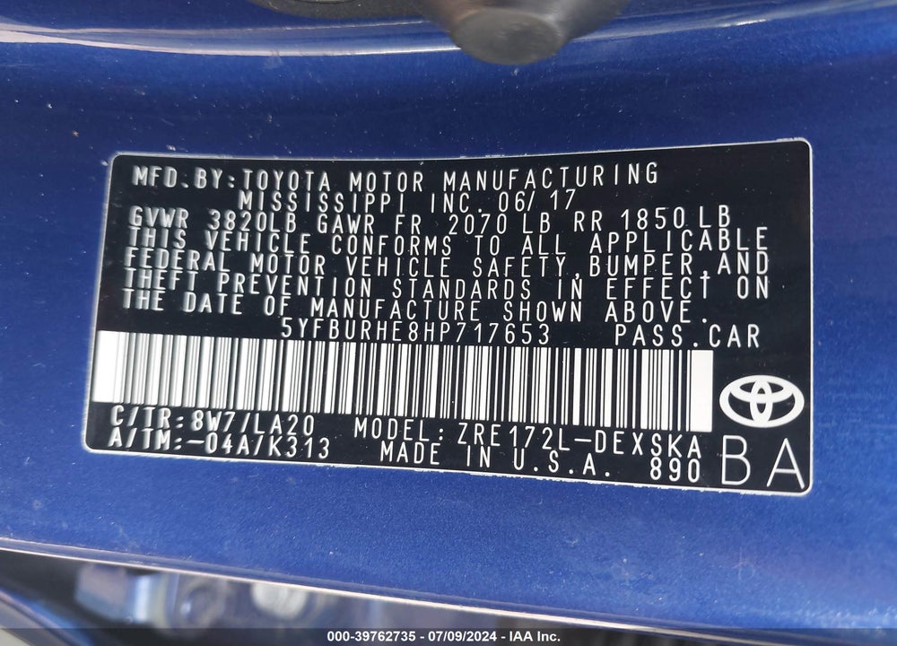 2017 TOYOTA COROLLA XSE VIN: 5YFBURHE8HP717653