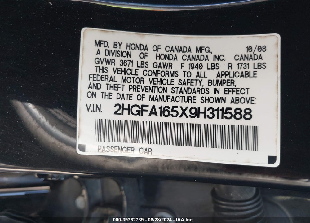 2009 HONDA CIVIC VIN: 2HGFA165X9H311588