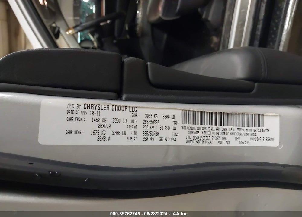 2012 JEEP GRAND CHEROKEE OVERLAND VIN: 1C4RJFCT8CC171367