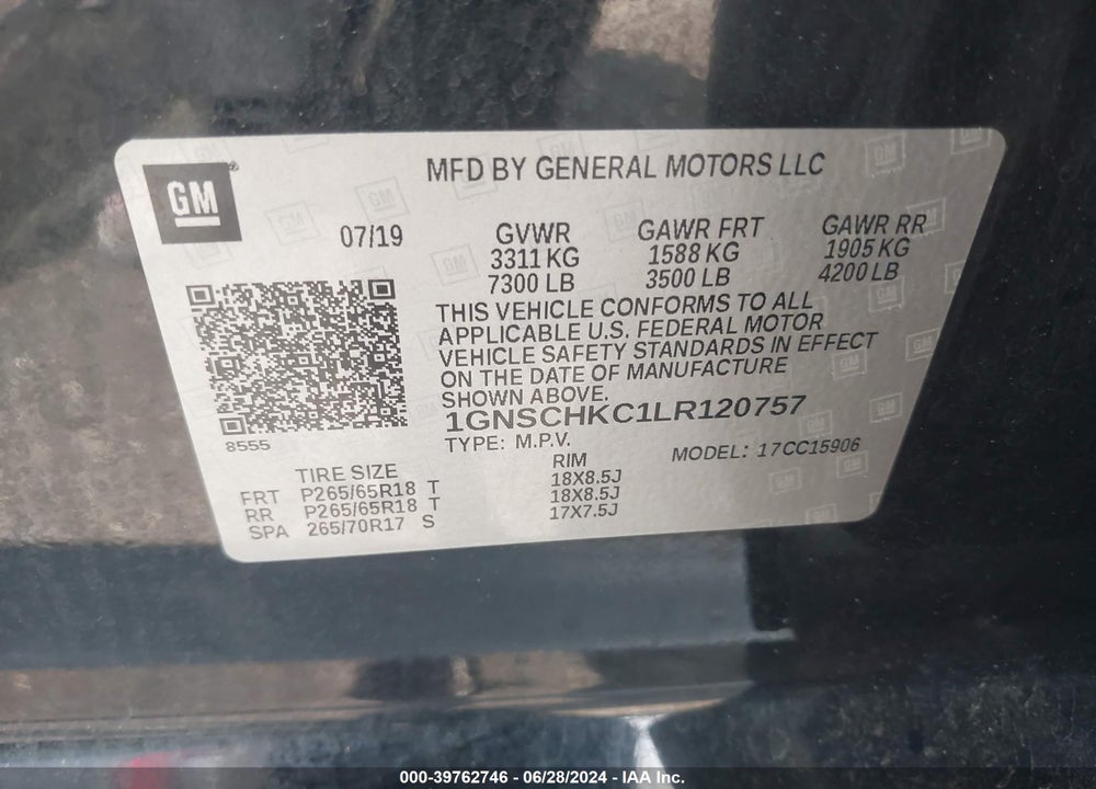 2020 CHEVROLET SUBURBAN 2WD LT VIN: 1GNSCHKC1LR120757