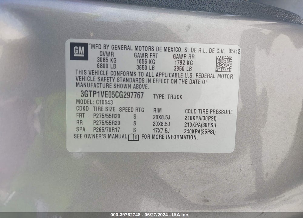 2012 GMC SIERRA 1500 SLE VIN: 3GTP1VE05CG297767