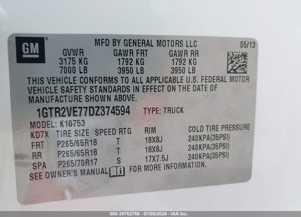2013 GMC SIERRA 1500 SLE VIN: 1GTR2VE77DZ374594