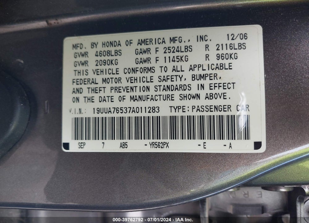 2007 ACURA TL TYPE S VIN: 19UUA76537A011283