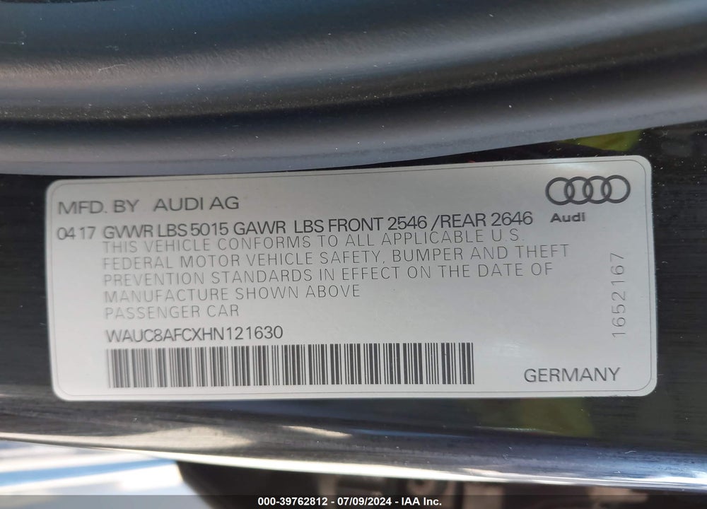 2017 AUDI A6 2.0T PREMIUM VIN: WAUC8AFCXHN121630