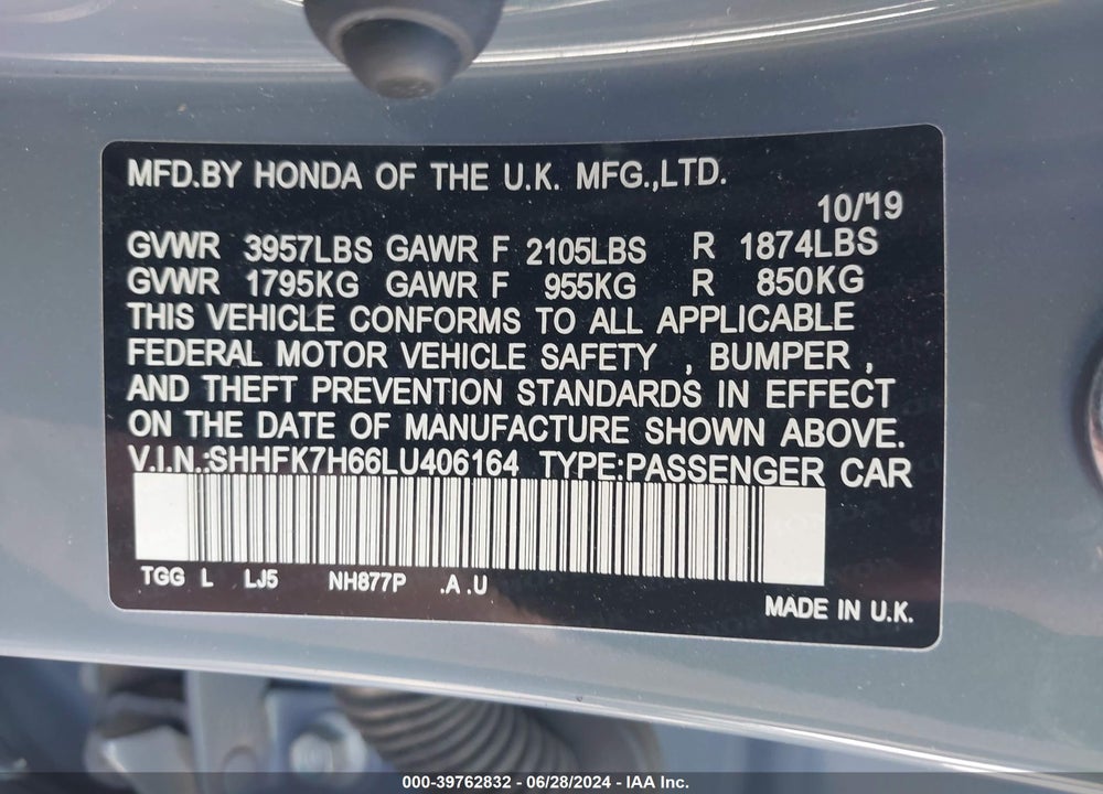 2020 HONDA CIVIC EX VIN: SHHFK7H66LU406164