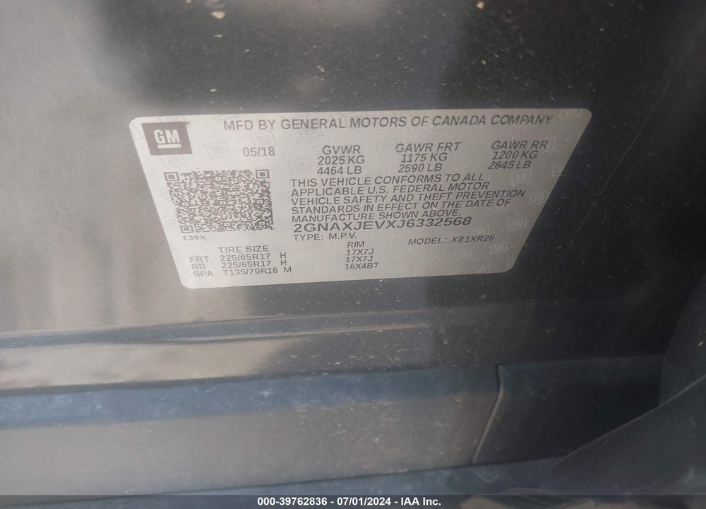 2018 CHEVROLET EQUINOX LT VIN: 2GNAXJEVXJ6332568