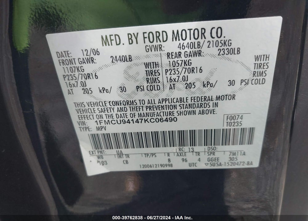 2007 FORD ESCAPE LIMITED VIN: 1FMCU94147KC06490