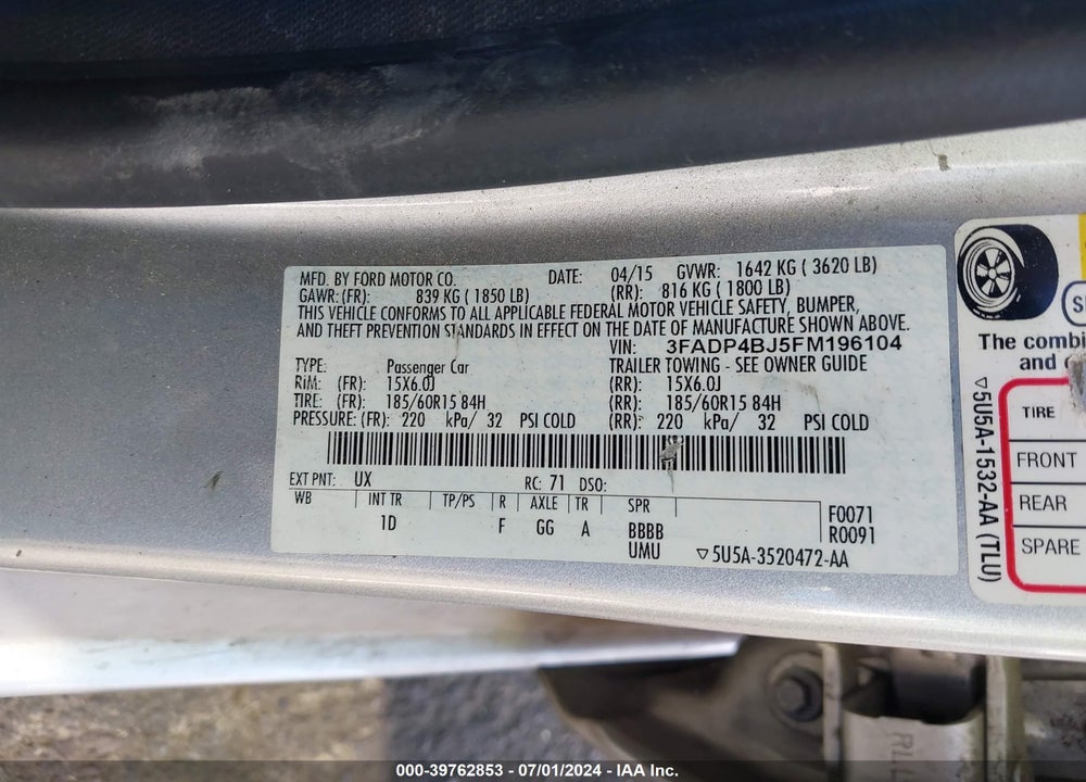 2015 FORD FIESTA SE VIN: 3FADP4BJ5FM196104