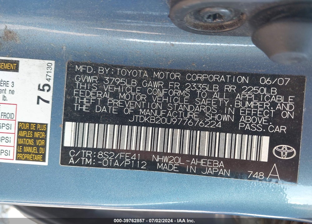 2007 TOYOTA PRIUS VIN: JTDKB20U977676224