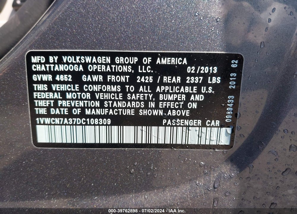 2013 VOLKSWAGEN PASSAT 2.0L TDI SEL PREMIUM VIN: 1VWCN7A37DC108309