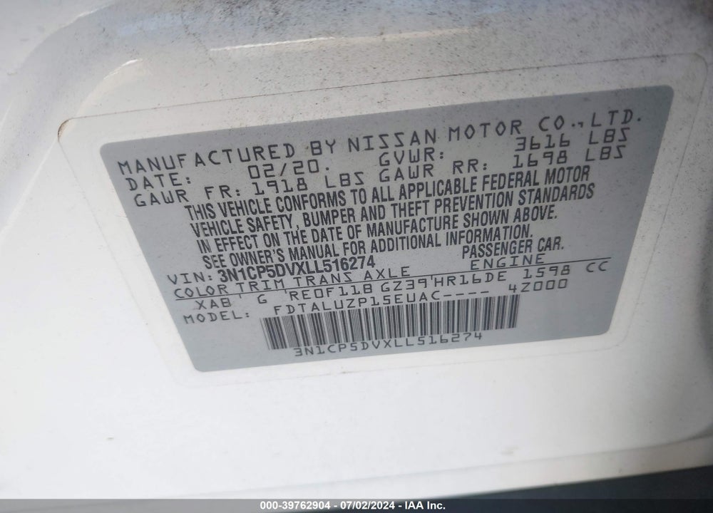 2020 NISSAN KICKS SR XTRONIC CVT VIN: 3N1CP5DVXLL516274