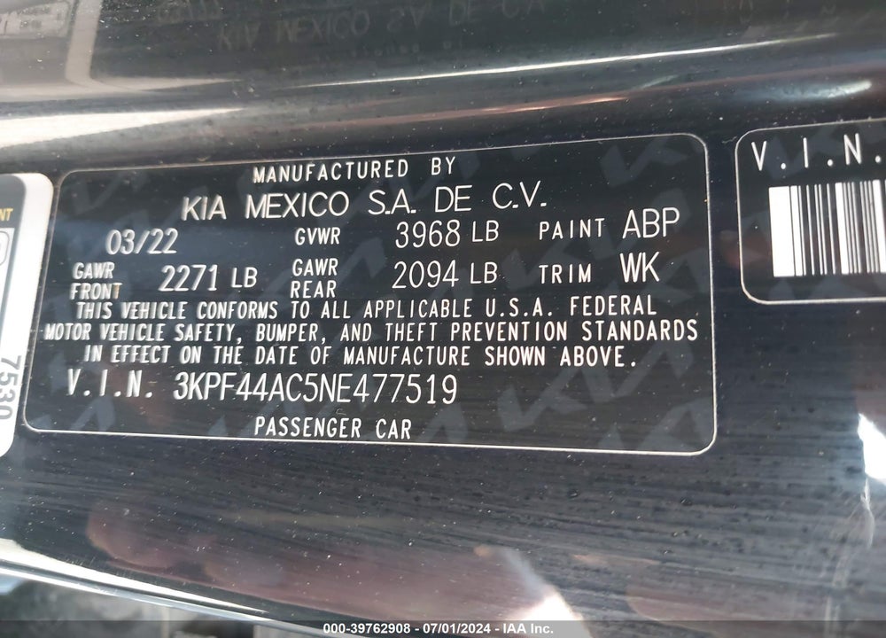 2022 KIA FORTE GT VIN: 3KPF44AC5NE477519