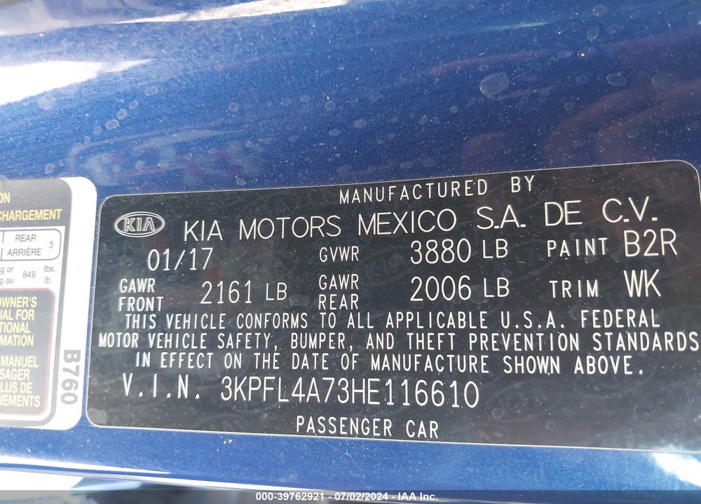 2017 KIA FORTE LX VIN: 3KPFL4A73HE116610