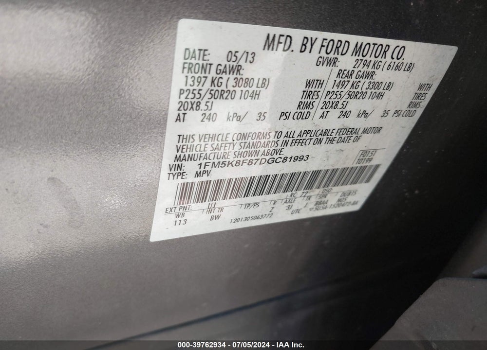 2013 FORD EXPLORER LIMITED VIN: 1FM5K8F87DGC81993