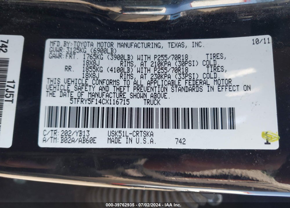 2012 TOYOTA TUNDRA GRADE 5.7L V8 VIN: 5TFRY5F14CX116715