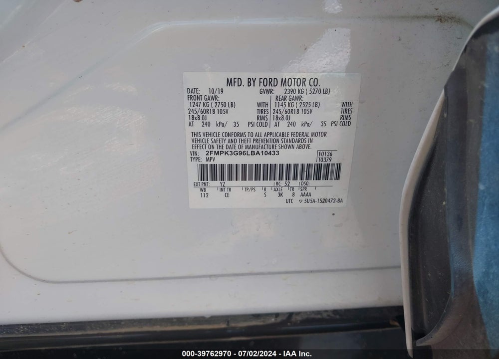 2020 FORD EDGE VIN: 2FMPK3G96LBA10433