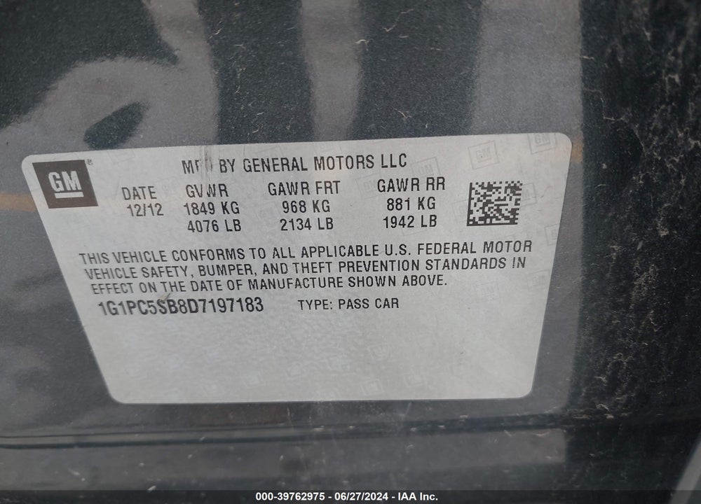 2013 CHEVROLET CRUZE 1LT AUTO VIN: 1G1PC5SB8D7197183