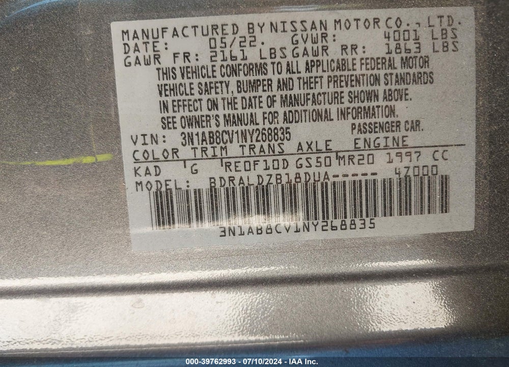 2022 NISSAN SENTRA SV XTRONIC CVT VIN: 3N1AB8CV1NY268835