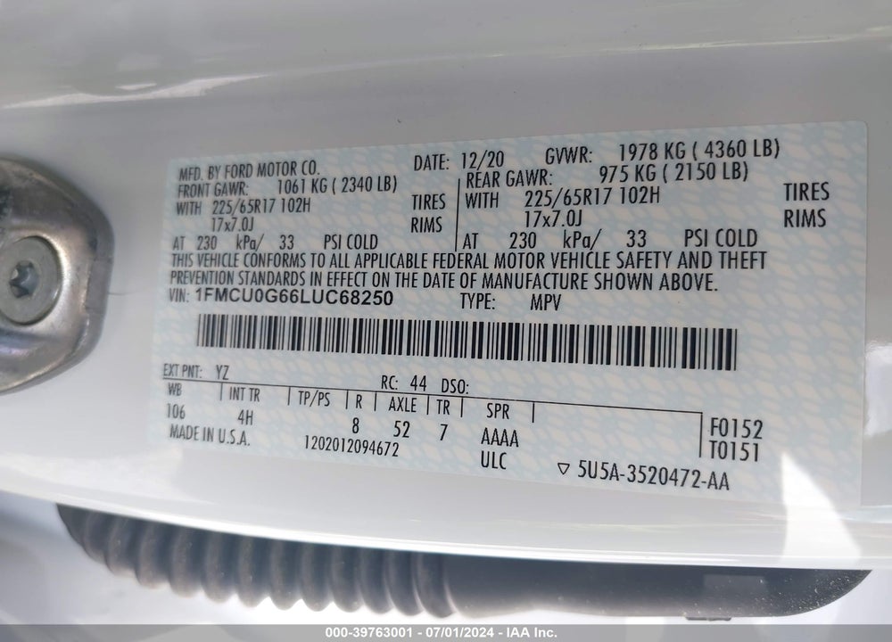 2020 FORD ESCAPE SE VIN: 1FMCU0G66LUC68250