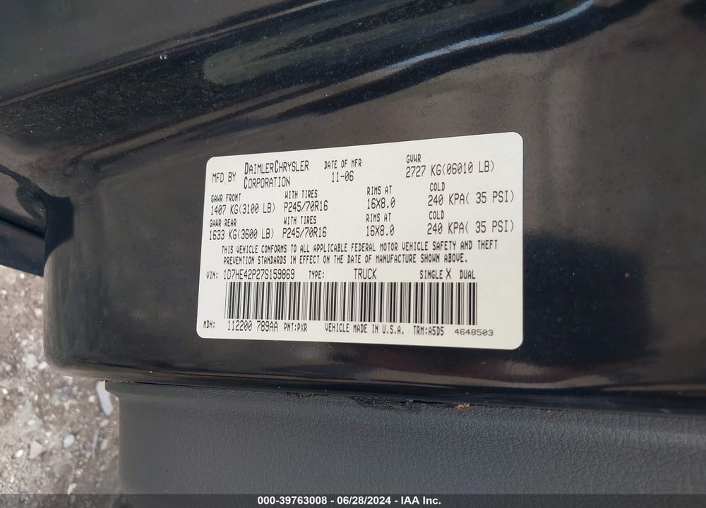 2007 DODGE DAKOTA SLT VIN: 1D7HE42P27S159869
