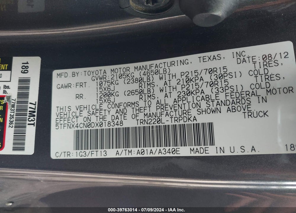2013 TOYOTA TACOMA VIN: 5TFNX4CN0DX018348