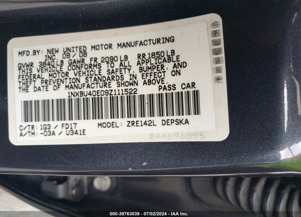 2009 TOYOTA COROLLA S VIN: 1NXBU40E09Z111522