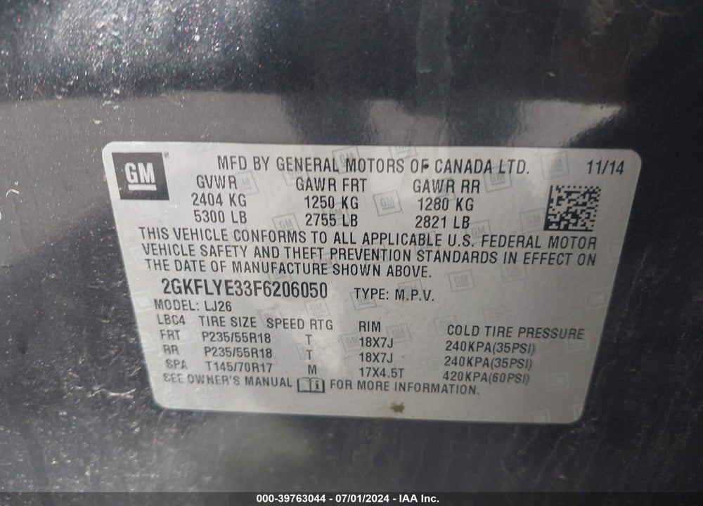 2015 GMC TERRAIN SLT-2 VIN: 2GKFLYE33F6206050