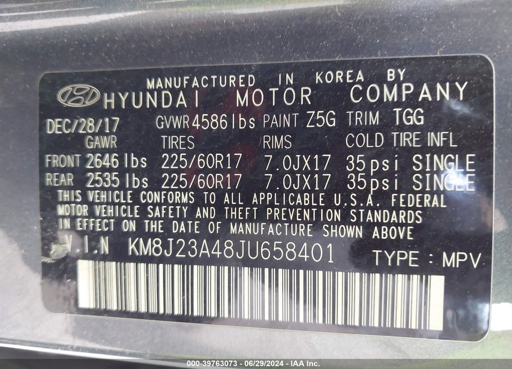 2018 HYUNDAI TUCSON SE VIN: KM8J23A48JU658401