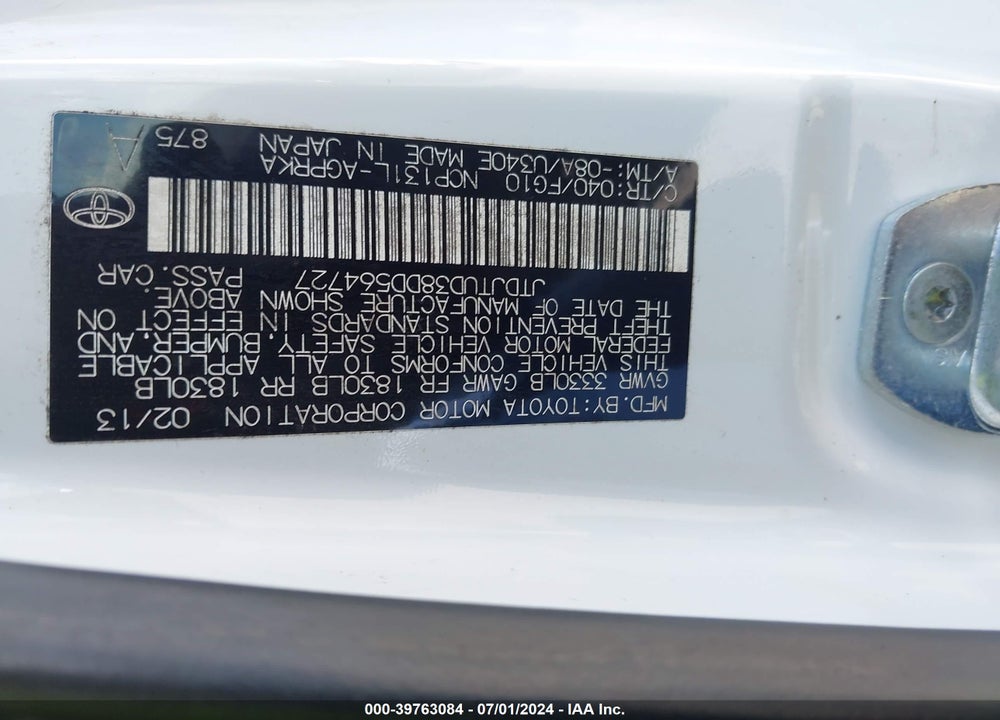 2013 TOYOTA YARIS L VIN: JTDJTUD38DD564727