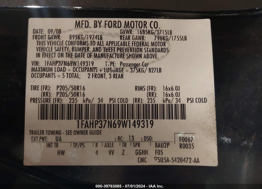 2009 FORD FOCUS SEL VIN: 1FAHP37N69W149319