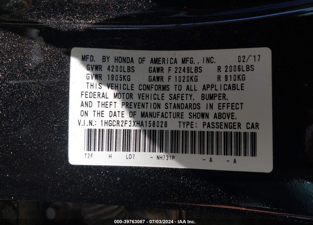 2017 HONDA ACCORD LX VIN: 1HGCR2F3XHA158028