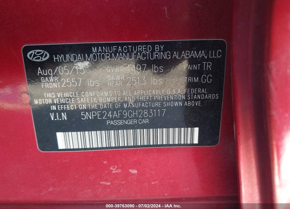 2016 HYUNDAI SONATA SE VIN: 5NPE24AF9GH283117
