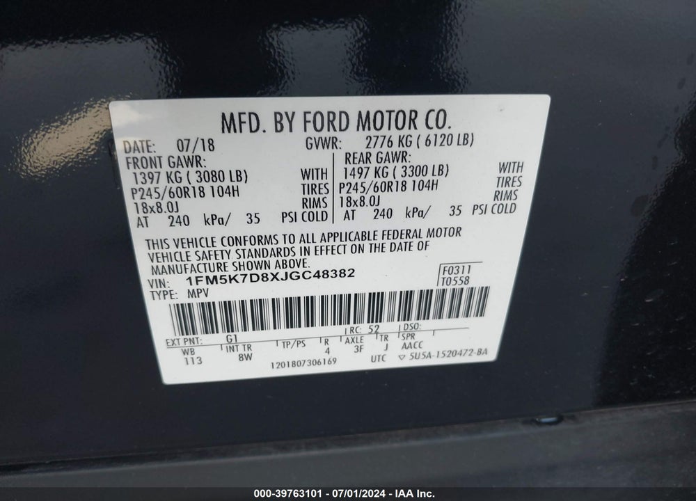 2018 FORD EXPLORER XLT VIN: 1FM5K7D8XJGC48382