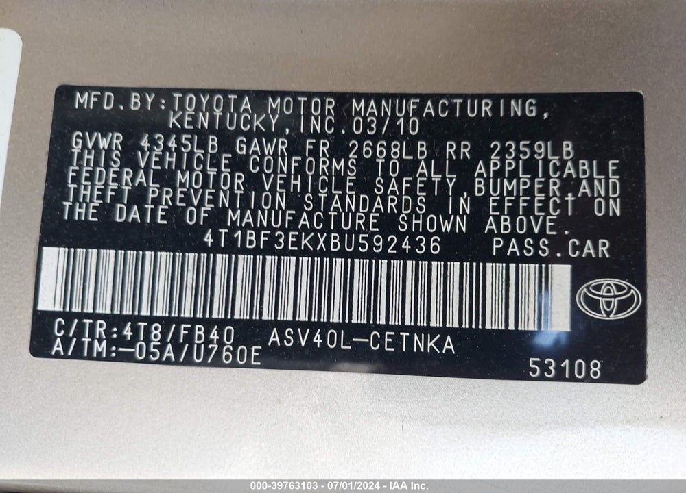 2011 TOYOTA CAMRY LE VIN: 4T1BF3EKXBU592436