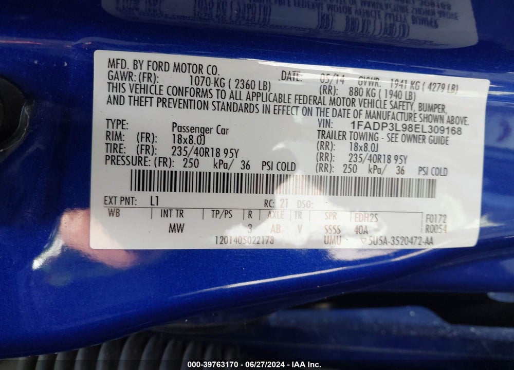 2014 FORD FOCUS ST VIN: 1FADP3L98EL309168