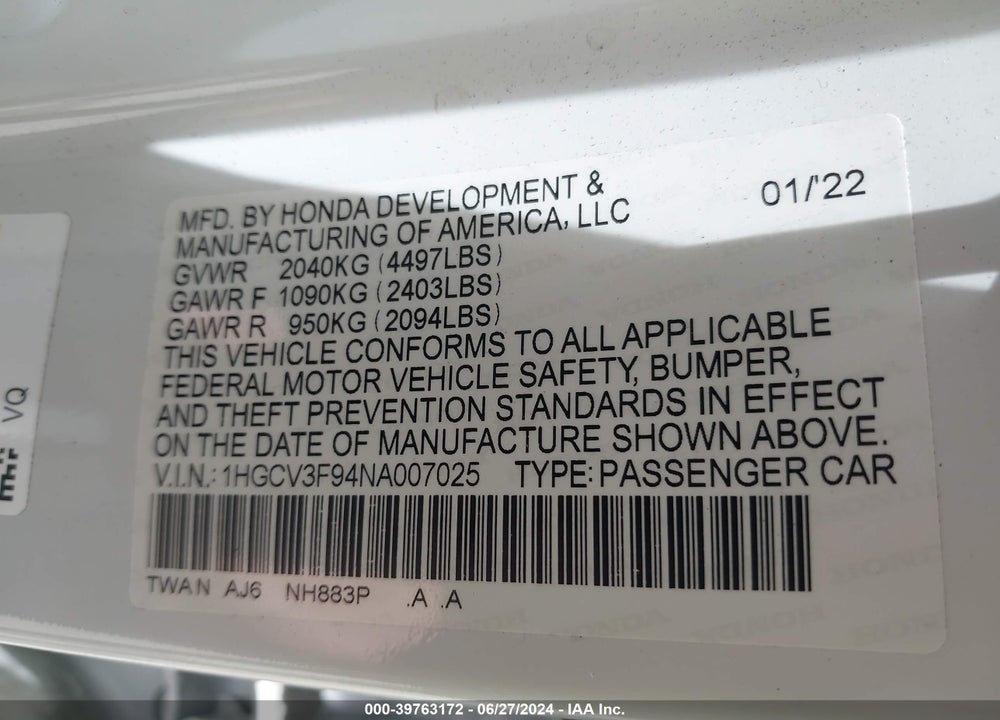2022 HONDA ACCORD HYBRID TOURING VIN: 1HGCV3F94NA007025