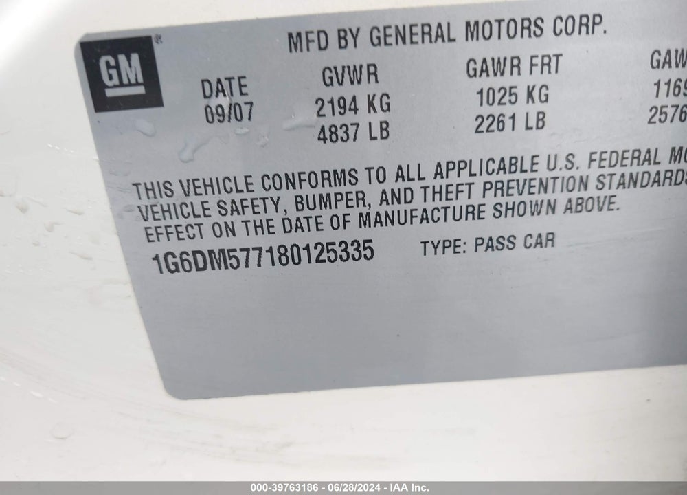 2008 CADILLAC CTS STANDARD VIN: 1G6DM577180125335