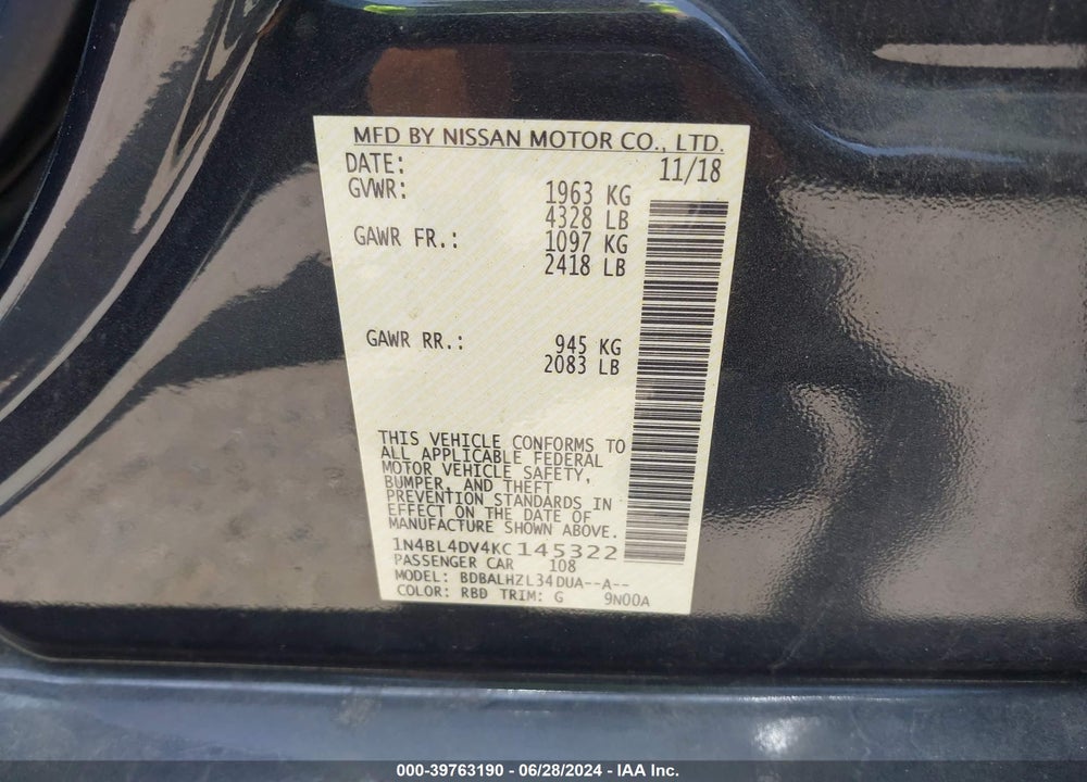 2019 NISSAN ALTIMA 2.5 SV VIN: 1N4BL4DV4KC145322