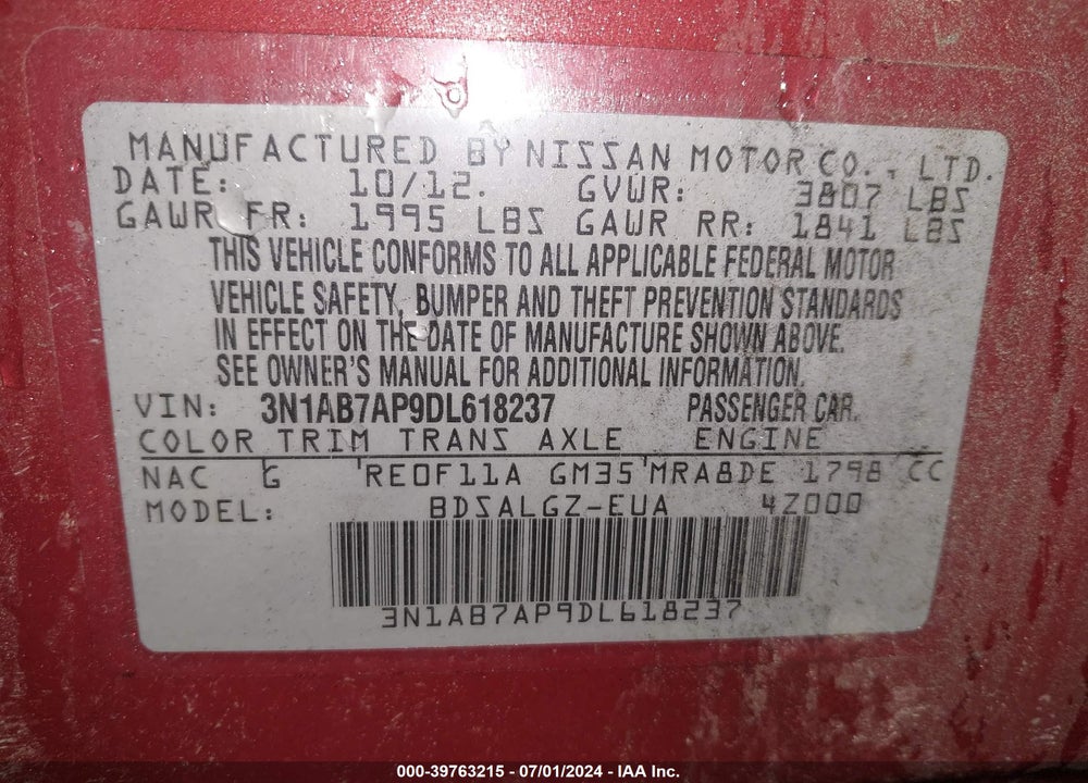 2013 NISSAN SENTRA SL VIN: 3N1AB7AP9DL618237