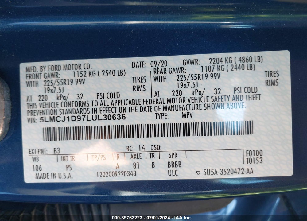 2020 LINCOLN CORSAIR STANDARD VIN: 5LMCJ1D97LUL30636
