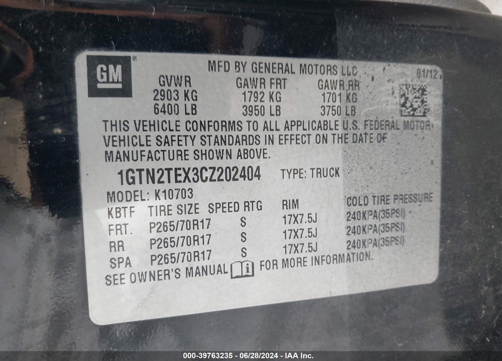 2012 GMC SIERRA 1500 WORK TRUCK VIN: 1GTN2TEX3CZ202404