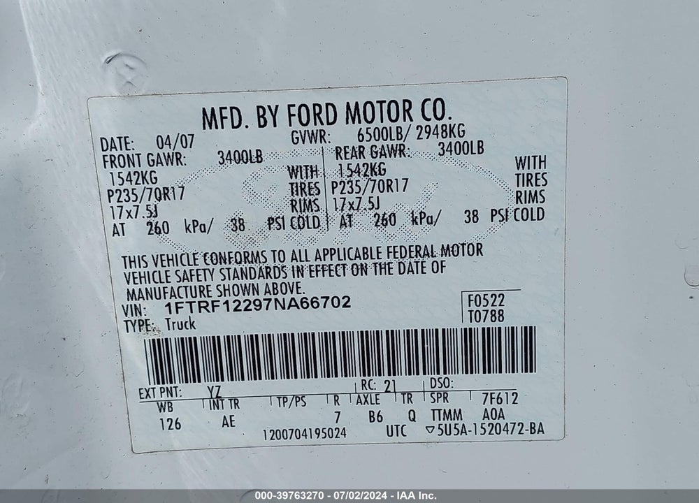 2007 FORD F-150 STX/XL/XLT VIN: 1FTRF12297NA66702