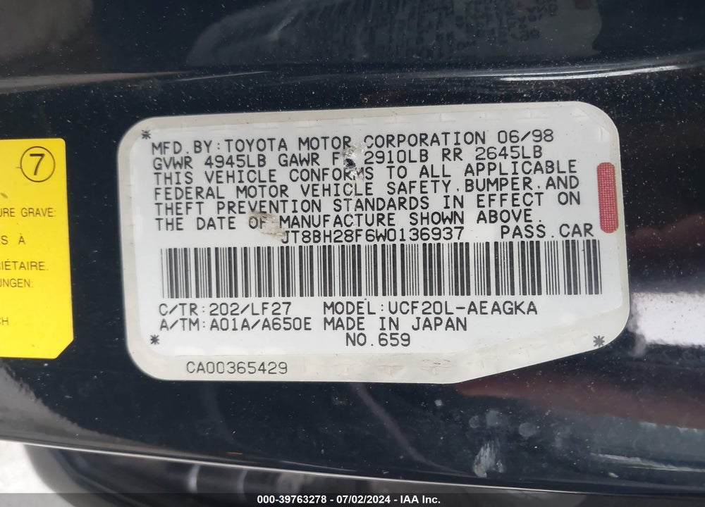 1998 LEXUS LS 400 VIN: JT8BH28F6W0136937