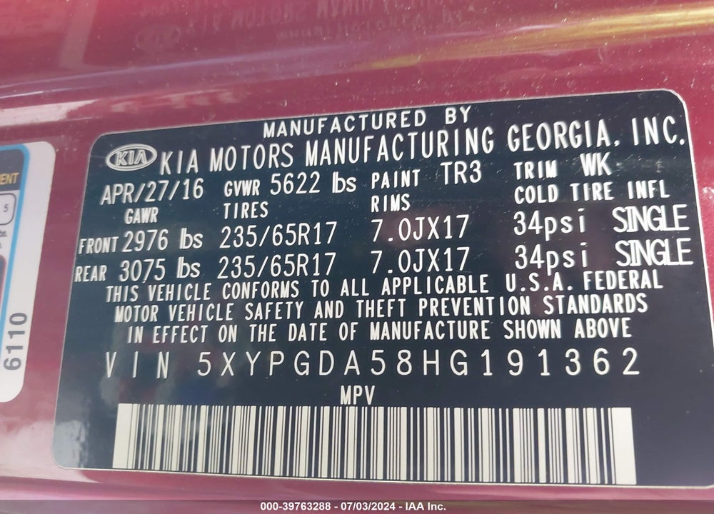 2017 KIA SORENTO 3.3L LX VIN: 5XYPGDA58HG191362