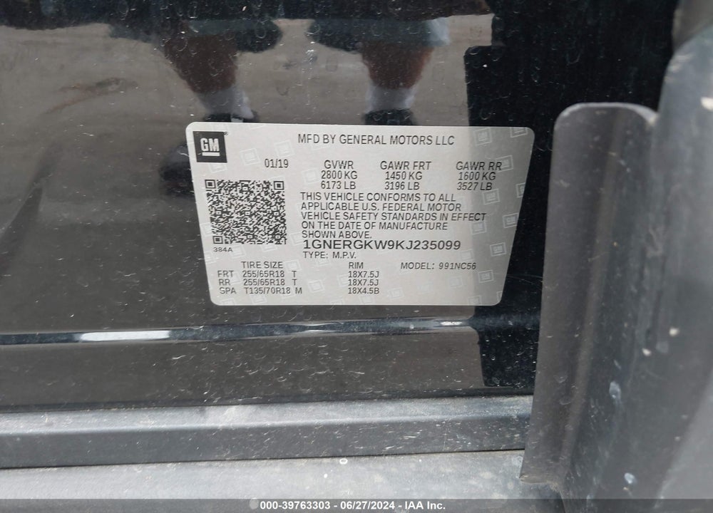 2019 CHEVROLET TRAVERSE 1LT VIN: 1GNERGKW9KJ235099